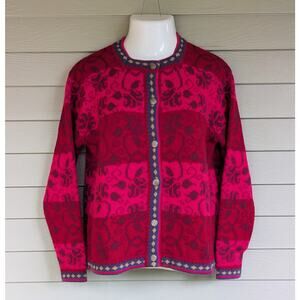 Vintage Nordic Icelandic Womens Red Pink Wool Cardigan Button Up Sweater Size L
